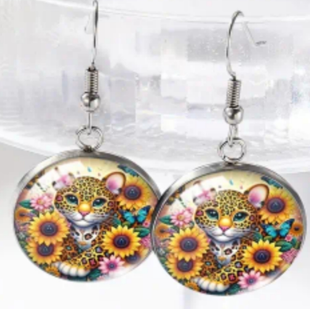 NEW Leopard Cat Animal Print Mob Wife Y2K Sunflower Round Earrings (#068)
